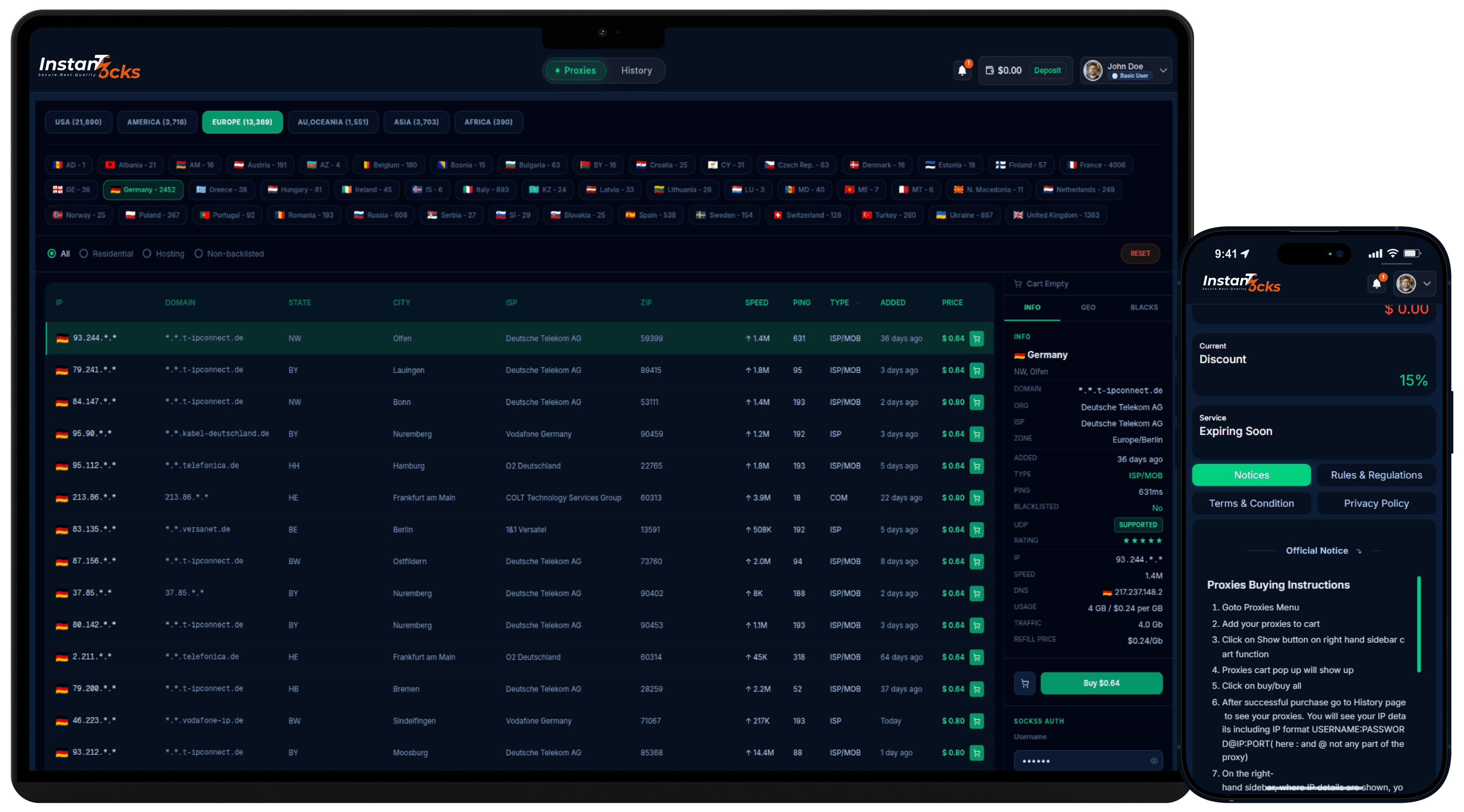 InstantSocks Dashboard Interface